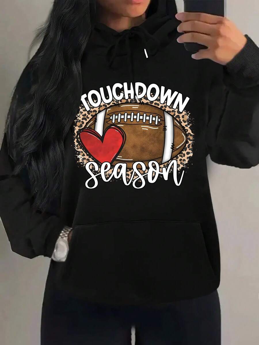 SHEIN EZwear Heart & Letter Graphic Kangaroo Pocket Drawstring Hoodie - Black - View 1