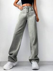 EURMUSE High Waist Straight Leg Jeans - Light Wash - View 1