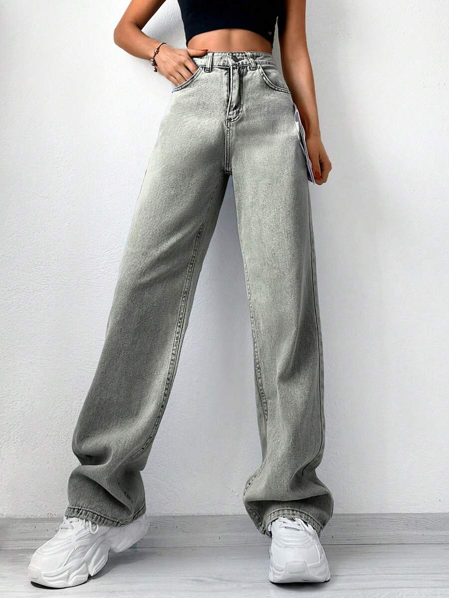 EURMUSE High Waist Straight Leg Jeans - Light Wash - View 1