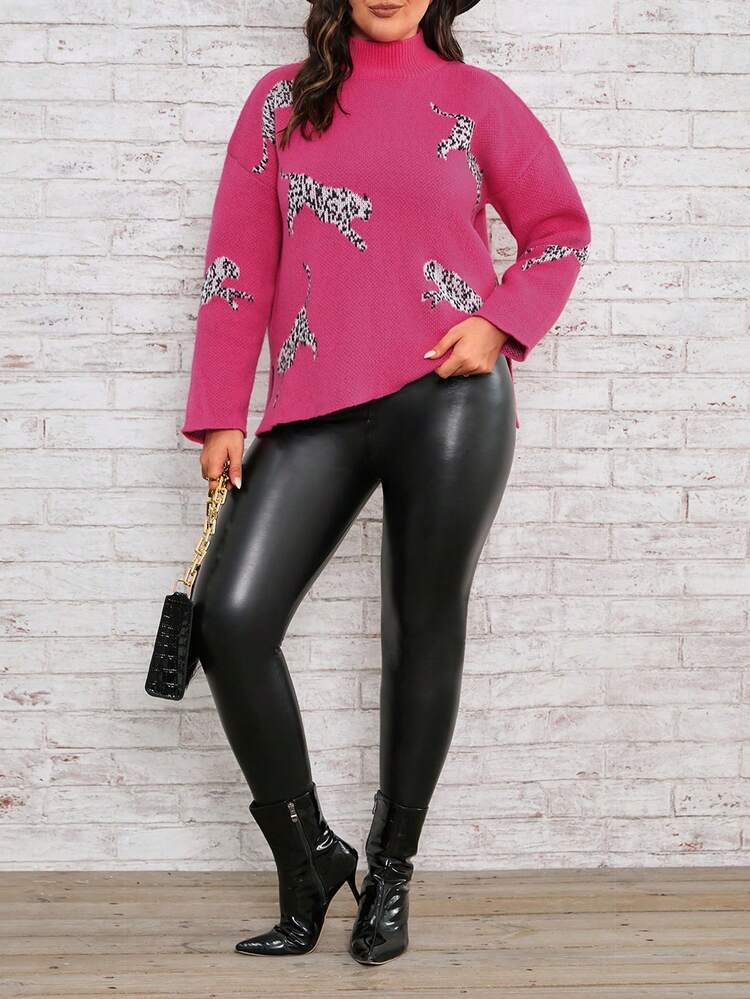 Plus Leopard Pattern Mock Neck Drop Shoulder Split Hem Sweater Knit Pullover Fall Winter Sweater