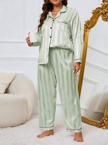 Plus Striped Jacquard Contrast Piping Satin Top & Pants PJ Set, Pajama Set, Fall Winter Clothes