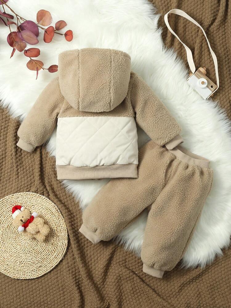 Baby Girl Two Tone Hooded Teddy Jacket & Pants