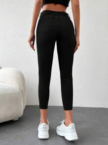 EURMUSE Pantaloni skinny din denim de culoare uni - Negru - Vizualizare 2