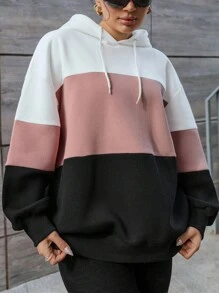 RueChic 大码拼色落肩抽绳连帽衫 - 彩色 - 查看 3