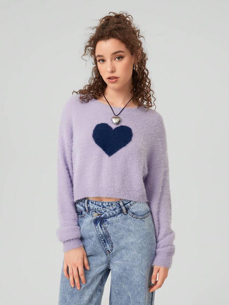 1pc Heart Pattern Drop Shoulder Sweater