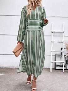Breezaya Striped Print Split Thigh Dress Fall Cloth For Women - Mint Green - View 5
