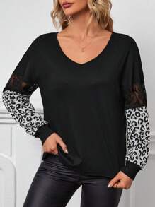 SHEIN LUNE Lace Insert Leopard Print Tee - Black - View 3