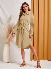 EMERY ROSE Women's Solid Color Long Sleeve Midi Dress Fall Women Dresses Work Women Dresses Navy Blue Dress - Apricot - View 4