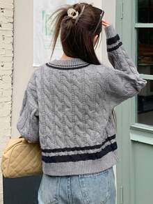 Dazy Star Striped Pattern Cable Knit Drop Shoulder Sweater - Dark Grey - View 6