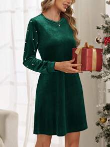 EMERY ROSE Pearls Beaded Lantern Sleeve Dress - Dark Green - View 3