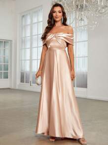 SHEIN Belle Off Shoulder Twist Front Satin Maxi Formal Dress - Champagne - View 3
