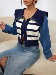 SHEIN Essnce Mẫu sọc Cổ thuỷ thủ Dây kéo mặt trước Áo len Mở - Nhiều màu - Xem 4