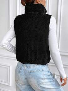 Flirla Zip Up Corduroy Winter Clothes Vest Padded Coat - Black - View 2