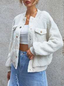 SHEIN Essnce 翻蓋細節插肩袖絨毛飛行員夾克 - 白色 - 查看 2