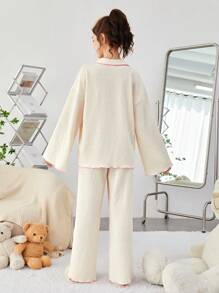 SHEIN Teen Girl Contrast Binding Dual Pocket Drop Shoulder PJ Set