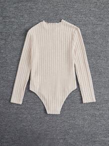 Tween Girl Lettuce Trim Ribbed Knit Bodysuit - Apricot - View 2