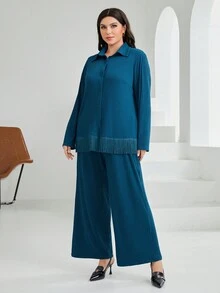 Mulvari Plus Size Fringe Hem Blouse And Wide Leg Pants Set - Blue - View 4