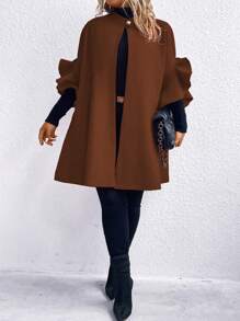 SHEIN Clasi Plus Size Brown Coat With Button & Floral Lace Embellished Sleeves, For Winter - Camel - View 6