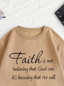 SHEIN Unity 大碼寬鬆搖粒絨運動衫帶標語印花和落肩袖設計 - 卡其色 - 查看 4