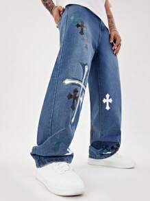 Manfinity Roghcode 男士休闲交叉印花直筒牛仔裤 - 藍色 - 查看 3