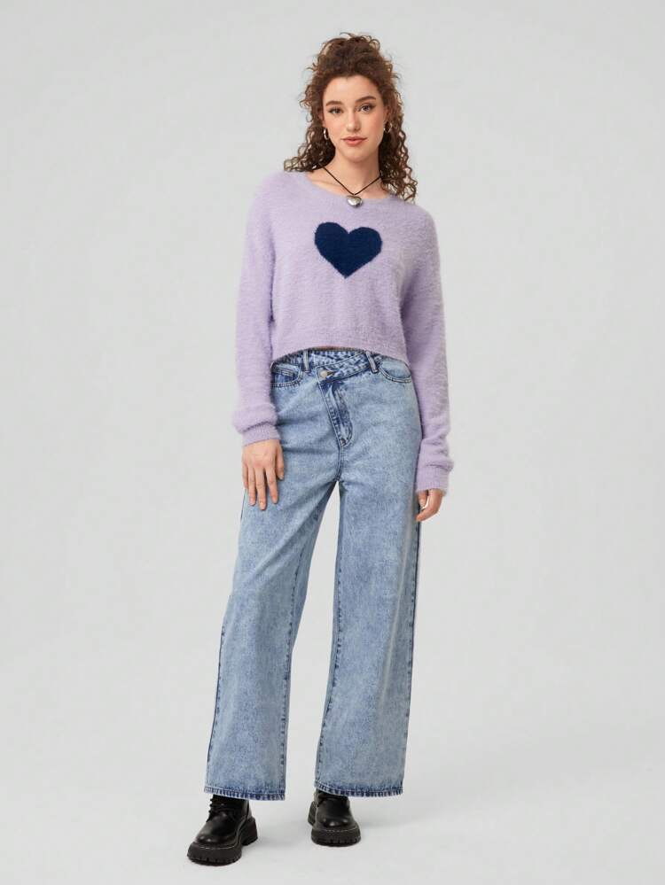 1pc Heart Pattern Drop Shoulder Sweater