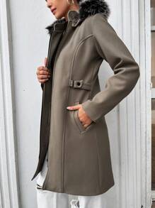 EURMUSE Zipper Front Hooded Woolen Coat - Beige - View 4