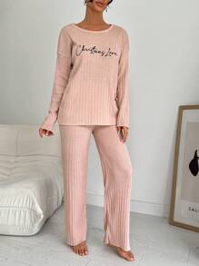 RueChic 100%Cotton Letter Graphic Drop Shoulder Tee & Pants Lounge Set - Pink - View 5