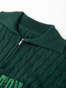 Manfinity Homme Men Letter Pattern Striped Trim Zipper Front Cable Knit Sweater - Dark Green - View 8