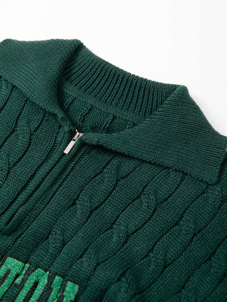 Men Letter Pattern Striped Trim Zipper Front Cable Knit Sweater