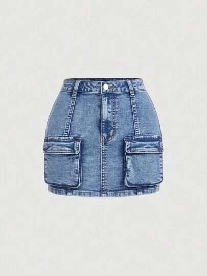 SHEIN Girlism Teen Girl Flap Pocket Denim Skirt