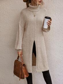 EMERY ROSE Turtleneck Drop Shoulder Split Thigh Sweater,Long Sleeve Tops Knit Pullover Fall Winter Outfit - Camel - View 6