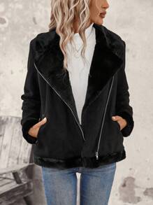 SHEIN LUNE Lapel Neck Zip Up Slant Pocket Thermal Lined Suedette Moto Jacket - Black - View 1