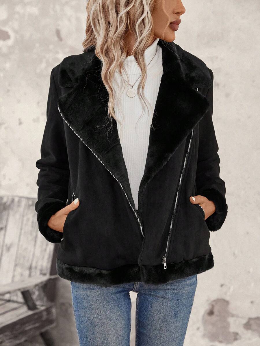SHEIN LUNE Lapel Neck Zip Up Slant Pocket Thermal Lined Suedette Moto Jacket - Black - View 1
