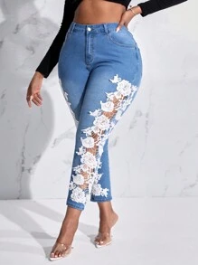 SHEIN SXY 大碼印花蕾絲拼接緊身牛仔褲