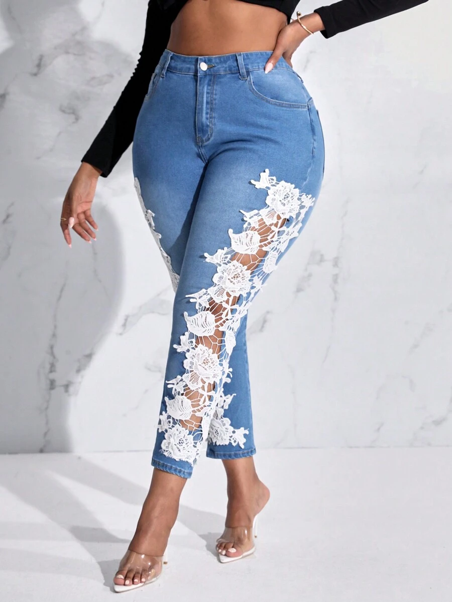 SHEIN SXY 大碼印花蕾絲拼接緊身牛仔褲