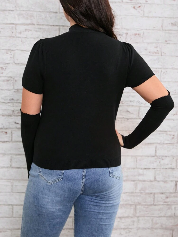 Plus Rhinestone Detail Cut Out Mock Neck Sweater With Arm Sleeves Knit Pullover Fall Winter Sweater