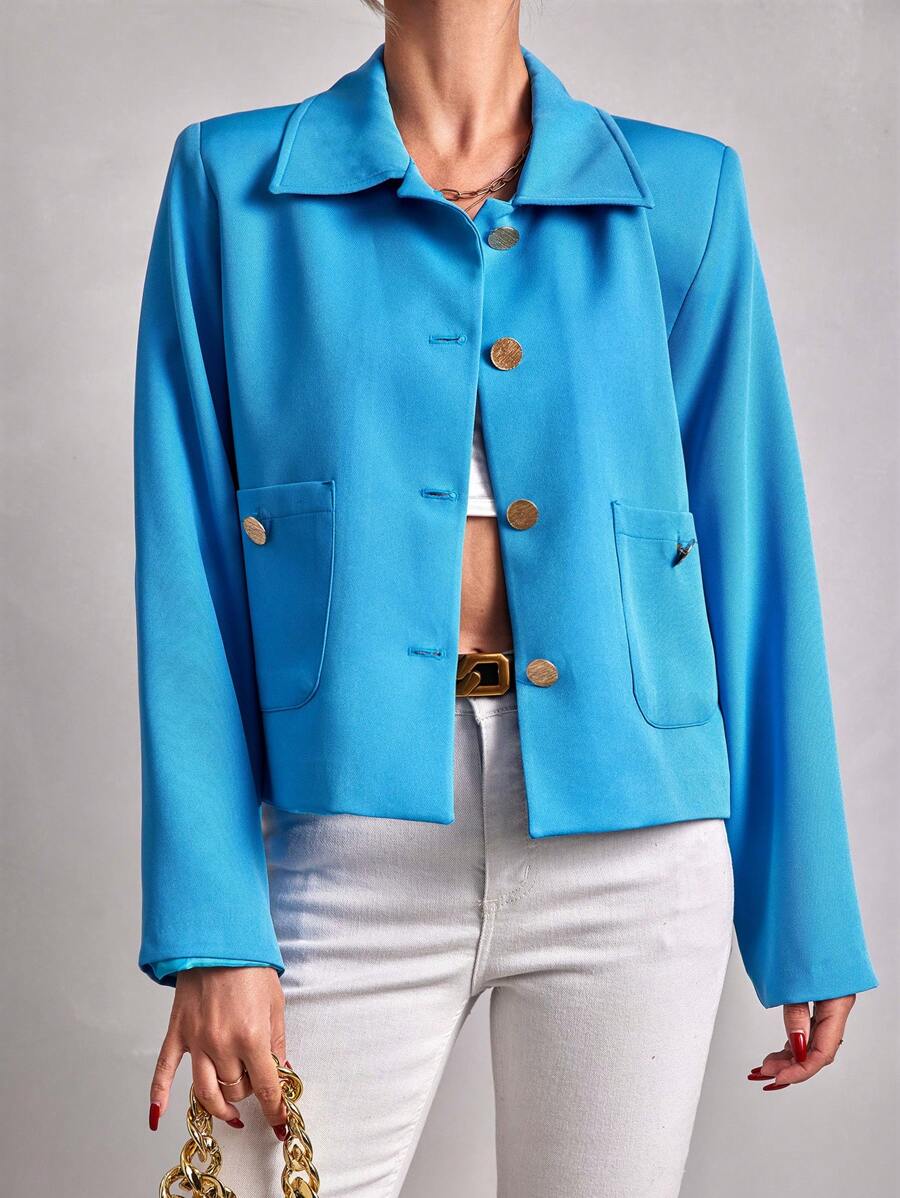 EURMUSE Women's Patchwork Pocket Single Breasted Jacket - Blue - View 1