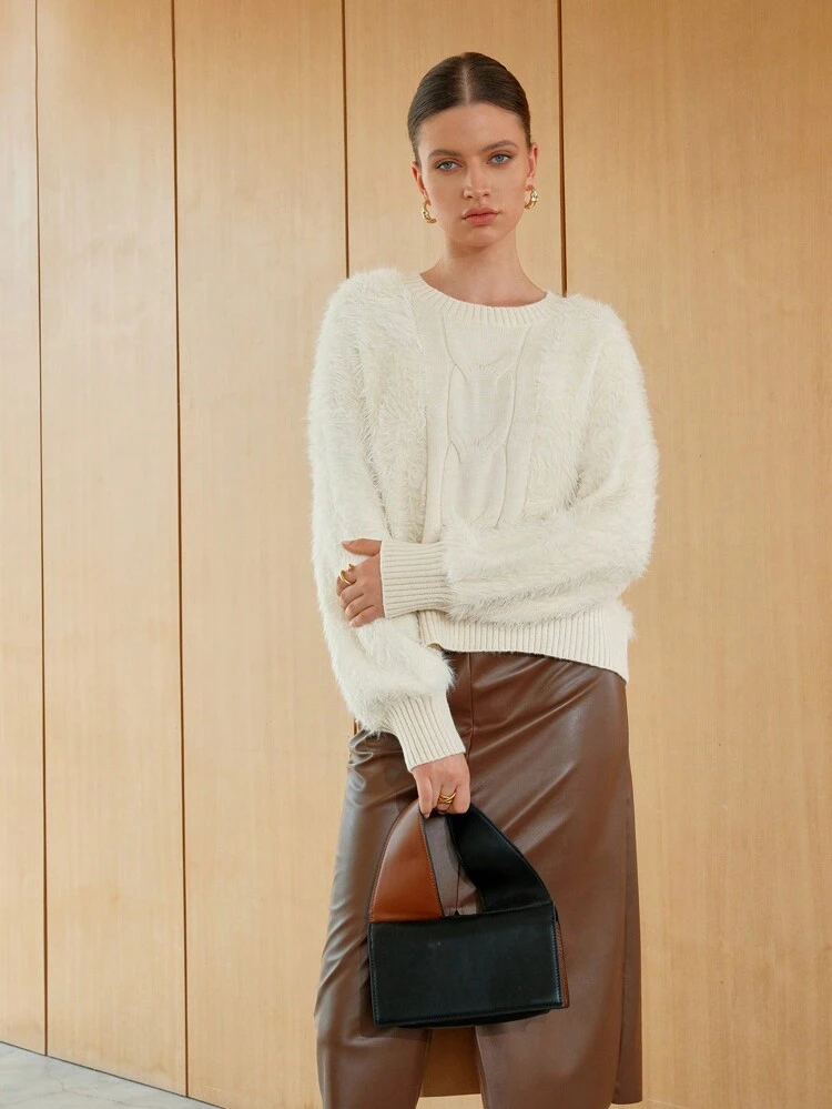 Solid Cable Knit Drop Shoulder Knit Pullover Fall Winter Sweater