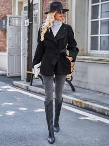 SHEIN LUNE Waterfall Collar Belted Overcoat - Black - View 5