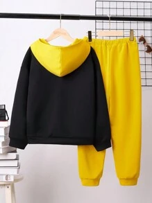 Tween Boy Expression Print Two Tone Hoodie & Drawstring Waist Sweatpants - Multicolor - View 2