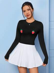 SHEIN Qutie 草莓圖案修身T恤 - 黑色 - 查看 4