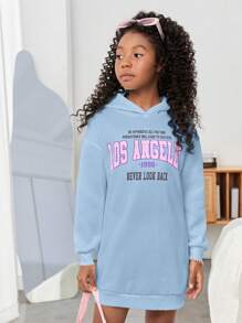 SHEIN Cô gái Tween Đồ họa Khẩu hiệu Thả vai Đàm áo cánh có mũ - Màu xanh nhạt - Xem 3