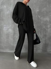 EURMUSE 2pcs/set Drop Shoulder Front Pocket Sweater And Knitted Pants - Black - View 3