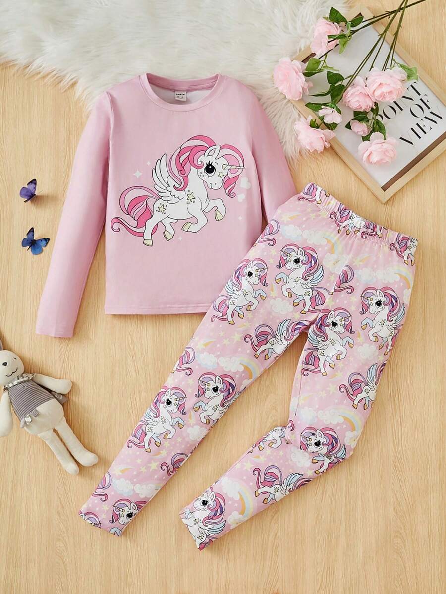 SHEIN 少女獨角獸印花t恤和長褲緊身睡衣套裝 - 彩色 - 查看 1