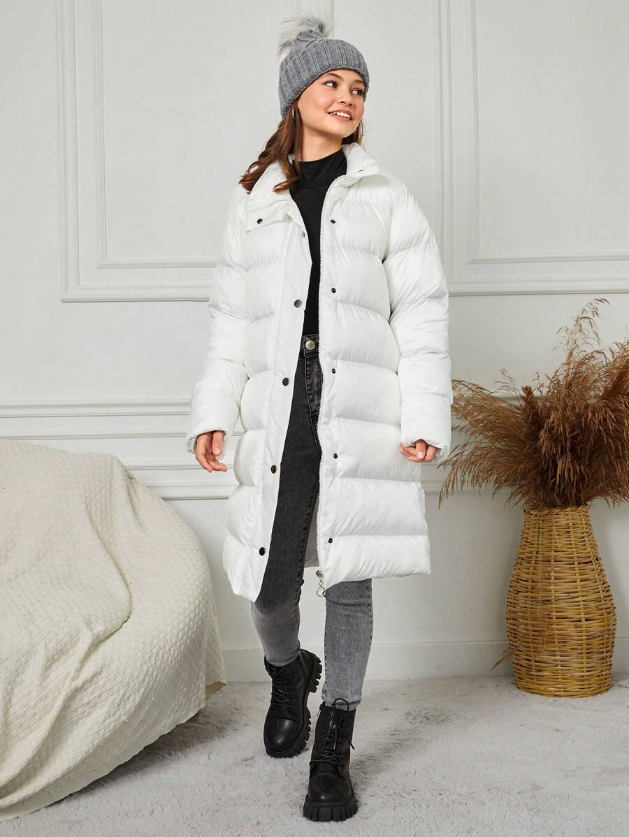 RueChic Teen Girl Slant Pocket Button Front Puffer Coat - White - View 1