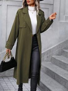 SHEIN LUNE 條紋印花西裝領腰帶風衣外套 - 軍綠色 - 查看 3
