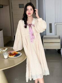 DAZY Chất rắn Cà vạt Tay áo Đèn lồng áo choàng Váy ngủ - Màu be - Xem 5