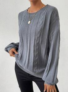 SHEIN LUNE Cable Knit Drop Shoulder Knit Pullover Fall Winter Sweater - Grey - View 4