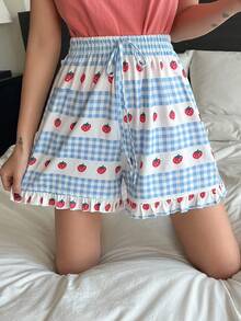 DAZY Shorts de dormir de guingán & con estampado de fresa con cordón delantero bajo con fruncido - Azul - Ver 3