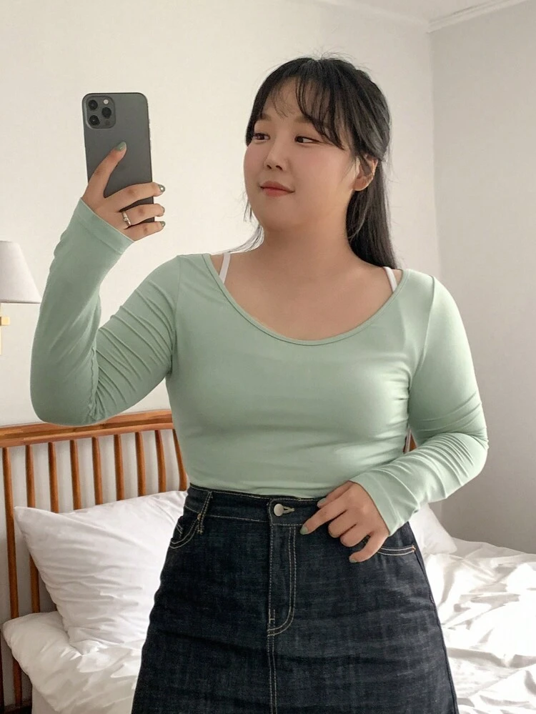Dazy Petite Plus Plus Size Solid Scoop Neck Tee Long Sleeve Women Tops